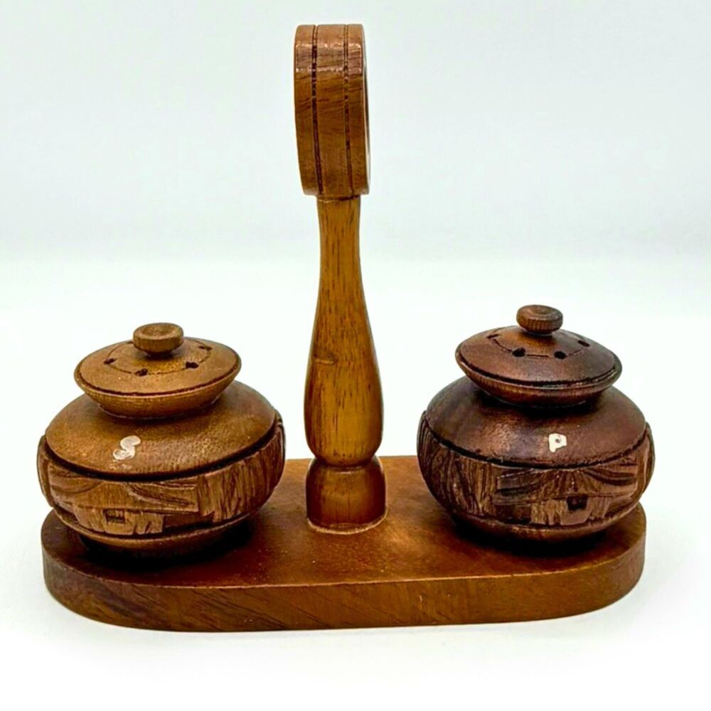 Vintage Tiki Salt Pepper Shakers with Holder Wooden 60s Party Table MCM Tropical